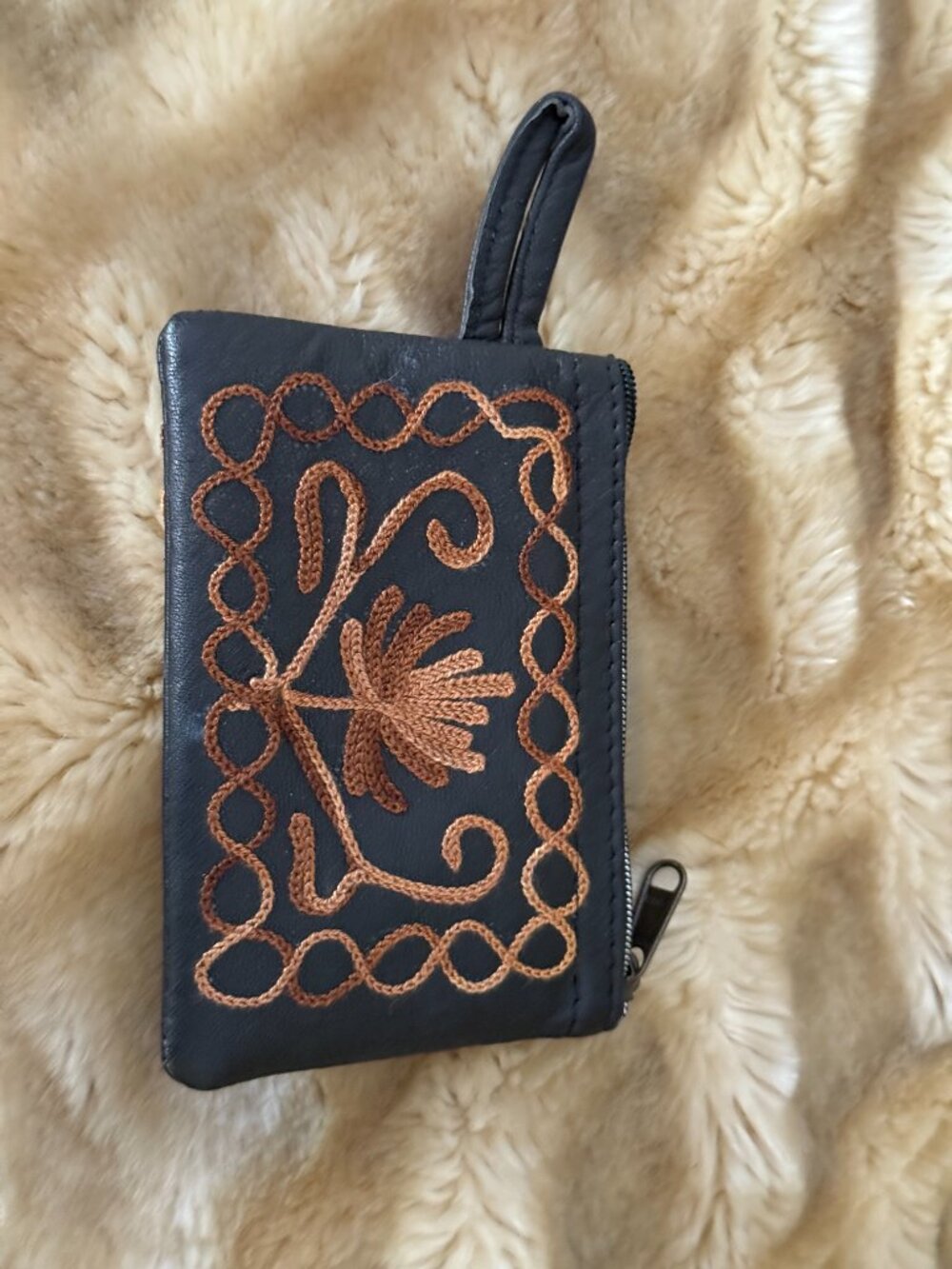 Brown vegan leather coin purse, hand embroidered, zip closure, made in India